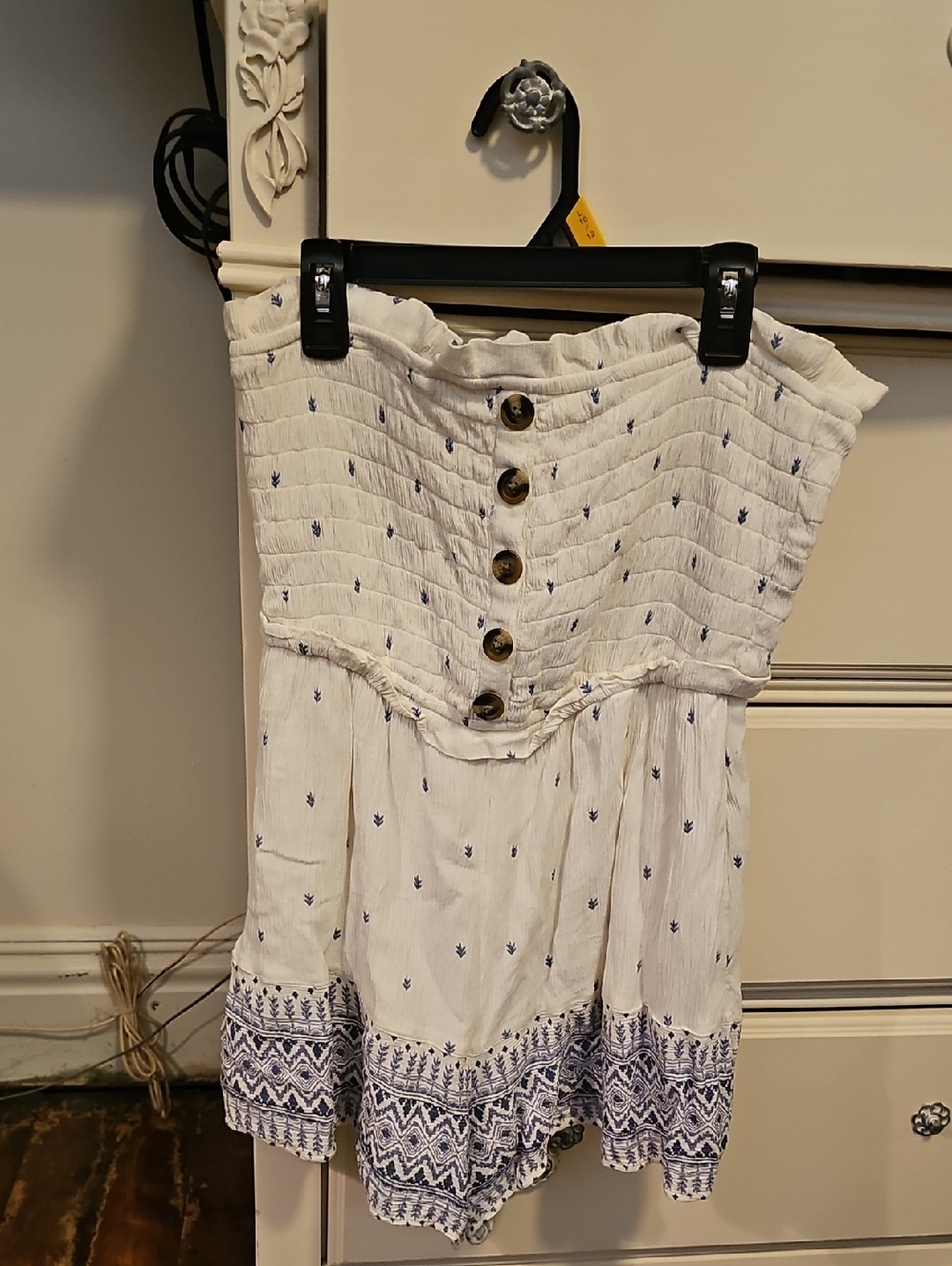 American Eagle Outfitters Cream & Blue Button-Front Romper